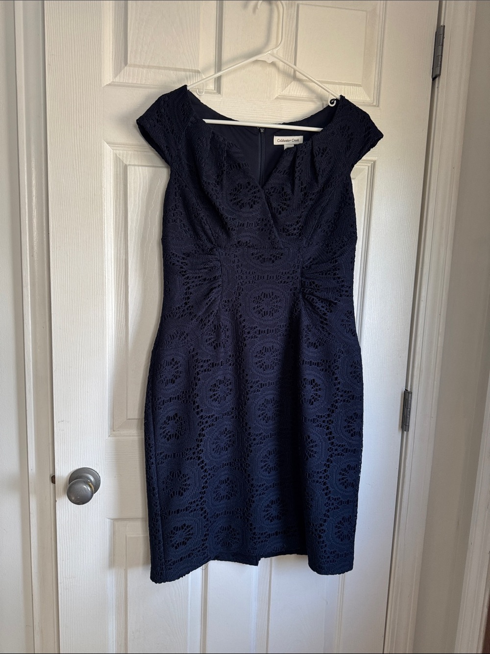 Like new Coldwater Creek knee length dress. Fully lined, navy blue lace. Size 10